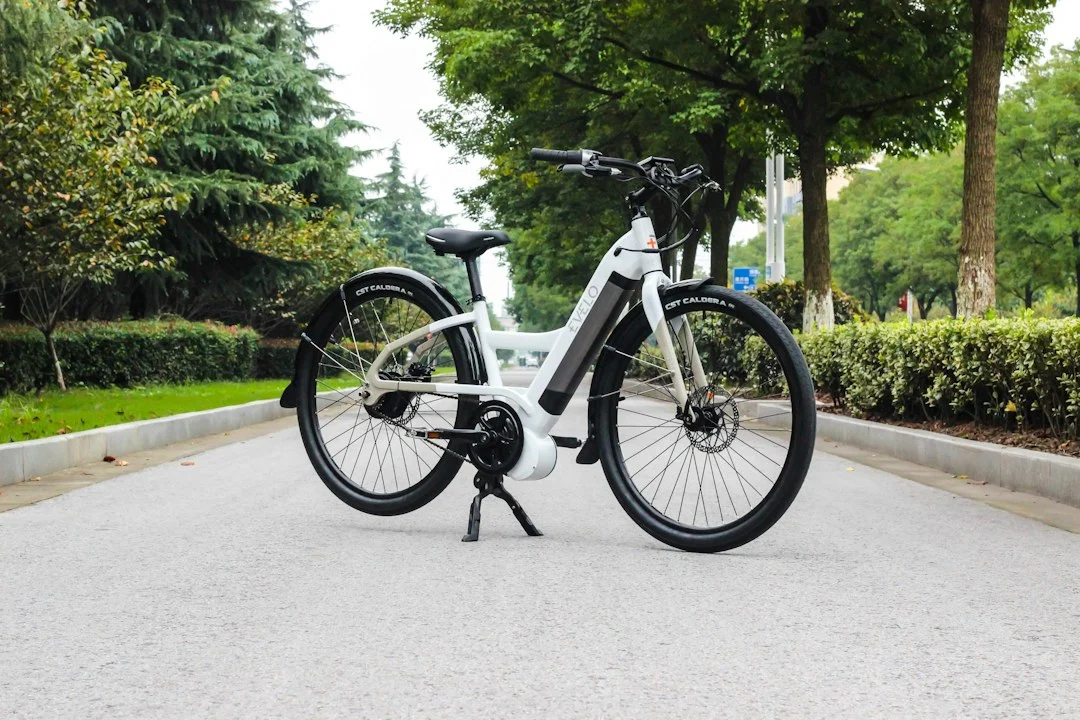 Bicicleta eléctrica aparcada junto a una carretera, imagen ilustrativa de alquiler y autonomía