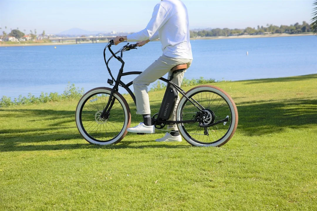 Person riding an electric bicycle by the bay, illustrative comparison of e-bike transport options