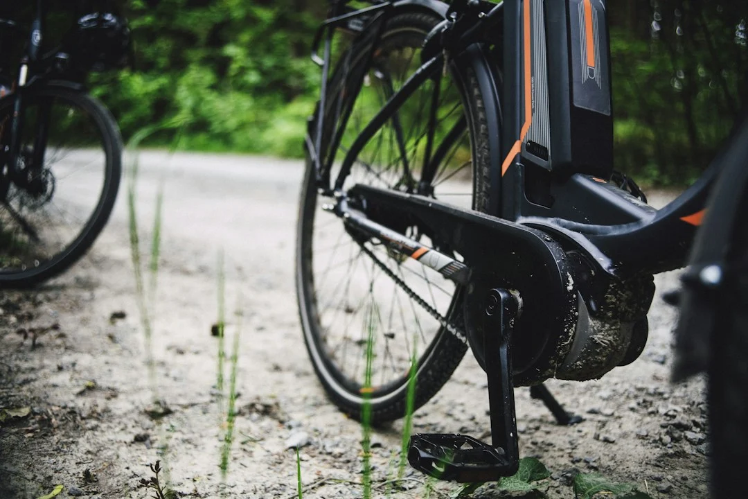 Electric bicycle during an outdoor e-bike tour, illustration of assisted bicycle rental and charging