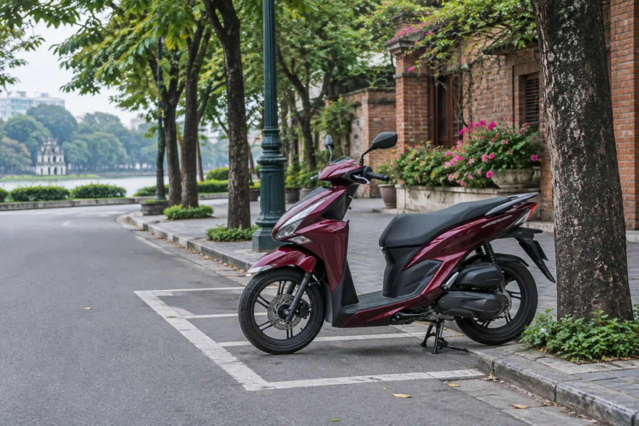Scooter automático ilustrativo aparcado en Hanói para una guía de alquiler Honda Click