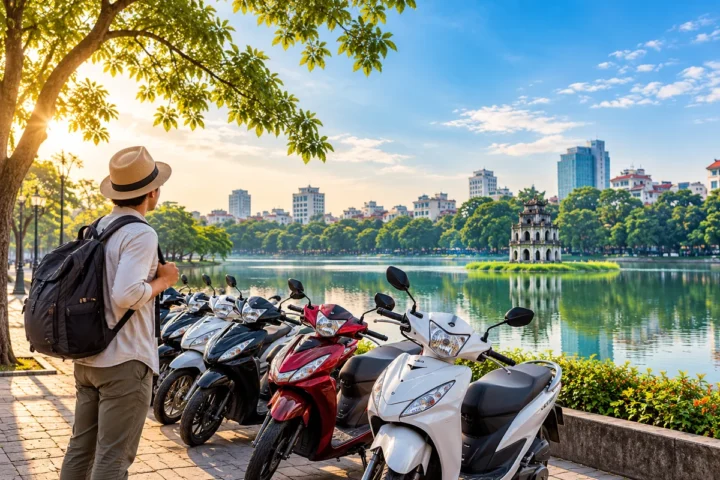 AI illustration of rental scooters beside Hoan Kiem Lake in Hanoi