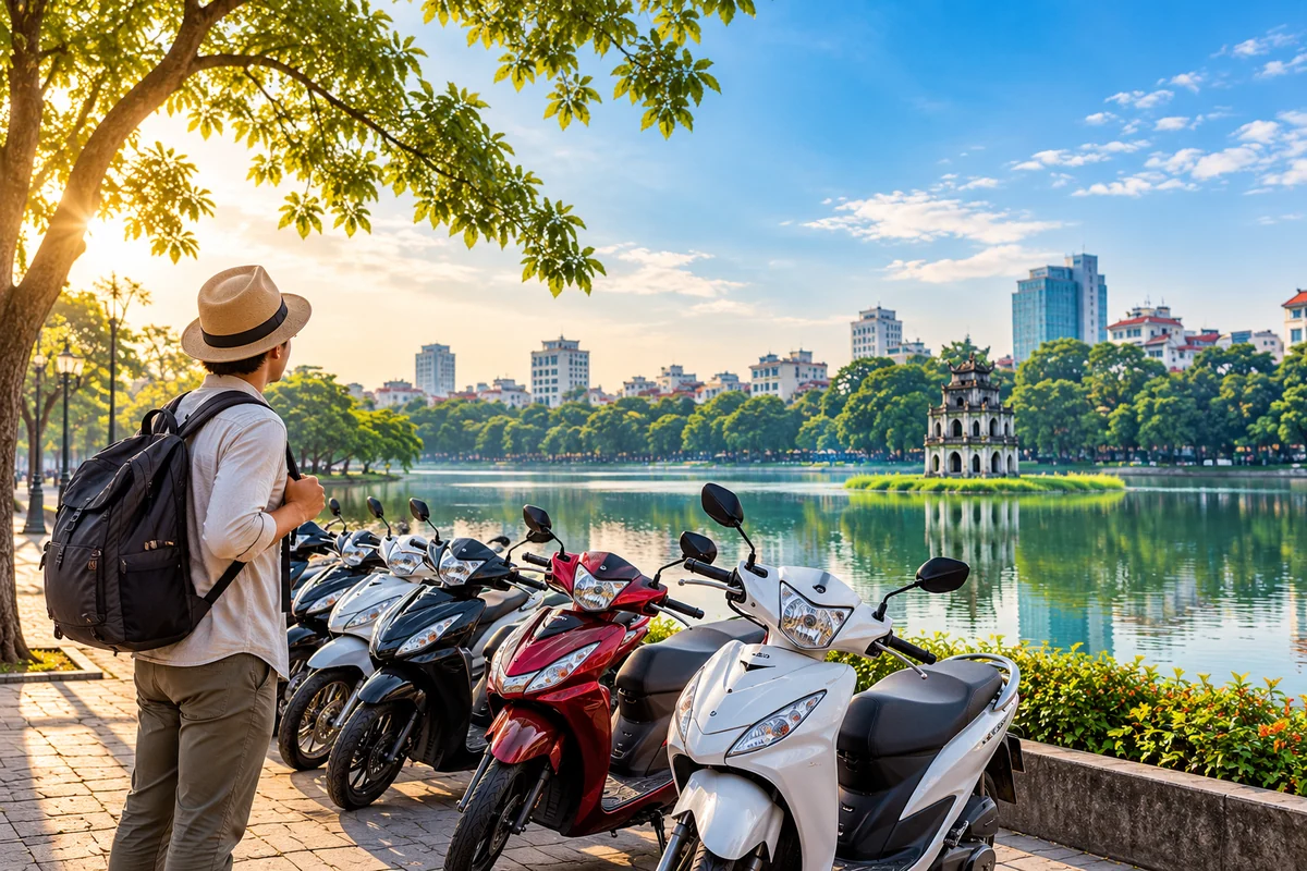 AI illustration of rental scooters beside Hoan Kiem Lake in Hanoi