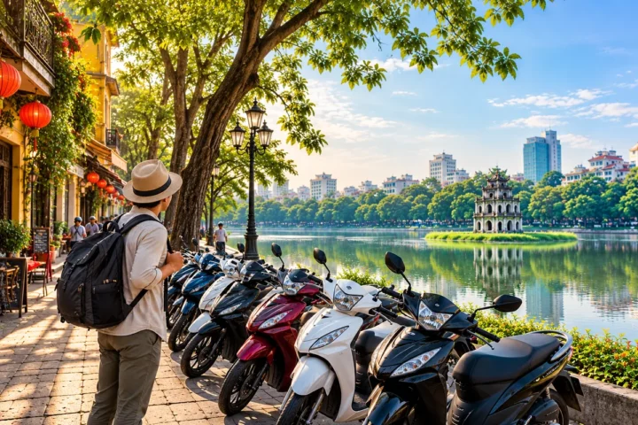 AI illustration of a traveler choosing scooters for a one-day motorbike rental in Hanoi