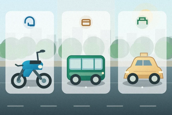Illustration comparing renting a motorbike, taking a bus and a taxi for travel in Hanoi