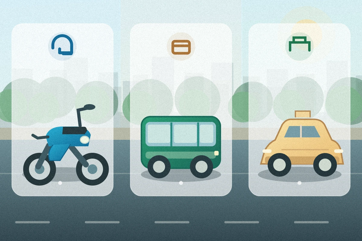 Illustration comparing renting a motorbike, taking a bus and a taxi for travel in Hanoi