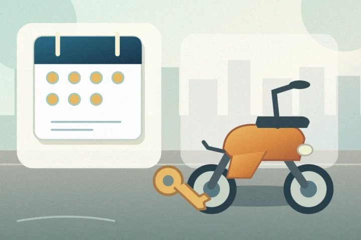 Illustration of a seven-day rental calendar, scooter and key for weekly motorbike rental in Hanoi