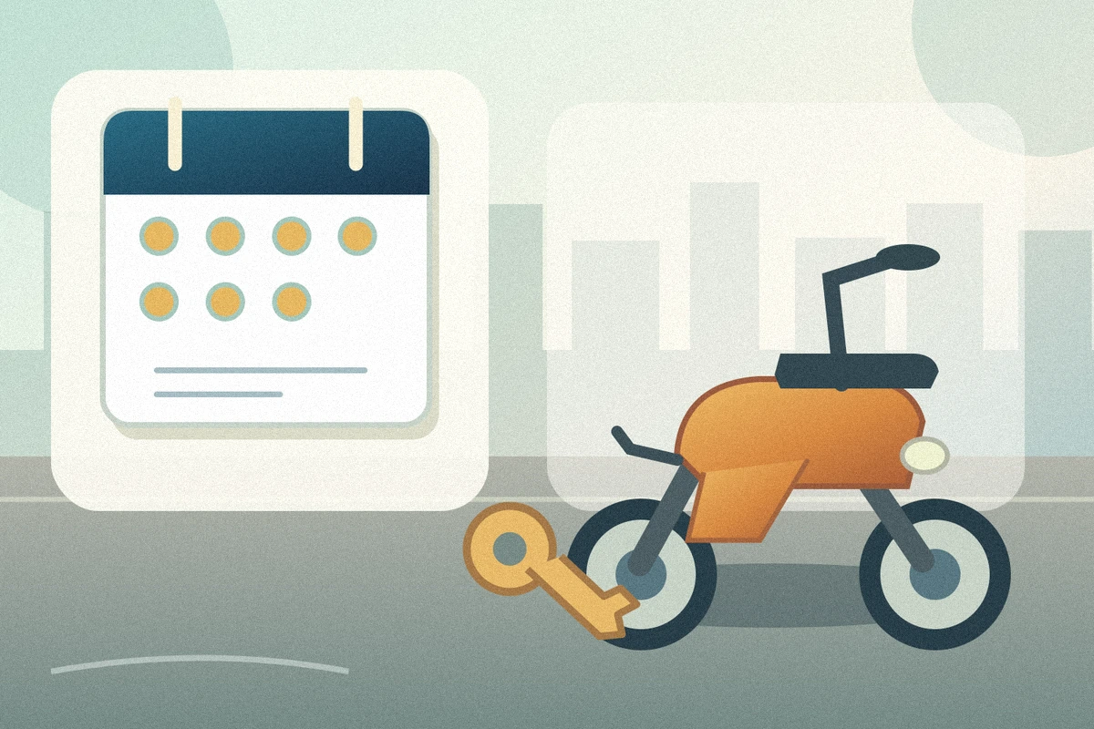 Illustration of a seven-day rental calendar, scooter and key for weekly motorbike rental in Hanoi