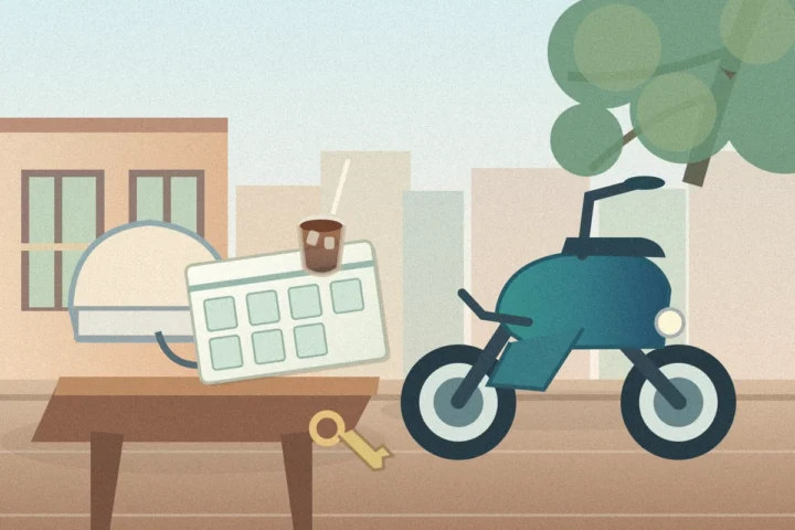 Illustration of weekly motorbike rental planning in Hanoi with a scooter helmet key and seven-day planner