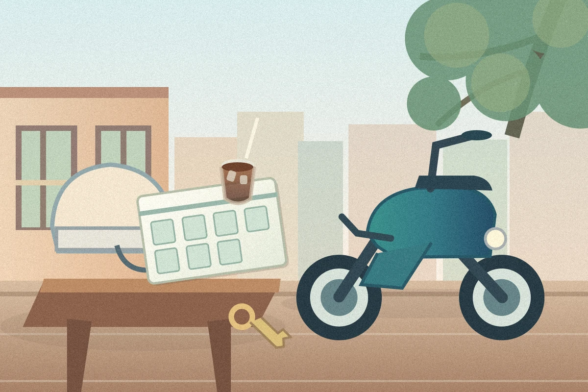 Illustration of weekly motorbike rental planning in Hanoi with a scooter helmet key and seven-day planner