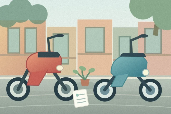 Illustration comparing two motorbike rental options on a Hanoi street for a weekly stay