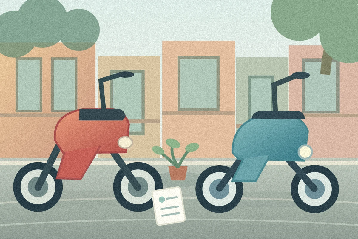 Illustration comparing two motorbike rental options on a Hanoi street for a weekly stay