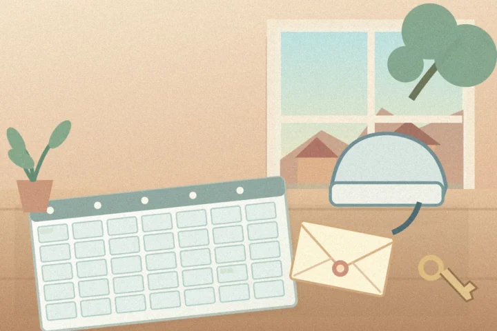 Illustration of a monthly motorbike rental calendar, helmet, key and deposit paperwork in Hanoi