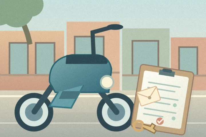 Illustration of a motorbike, rental paperwork and key for monthly rental rates and deposits in Hanoi