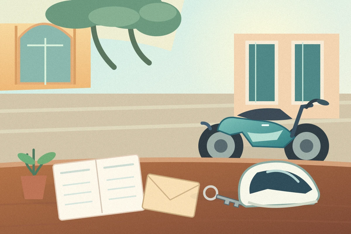 Editorial illustration of a scooter, rental paperwork, key and deposit envelope for two-day motorbike hire in Hanoi