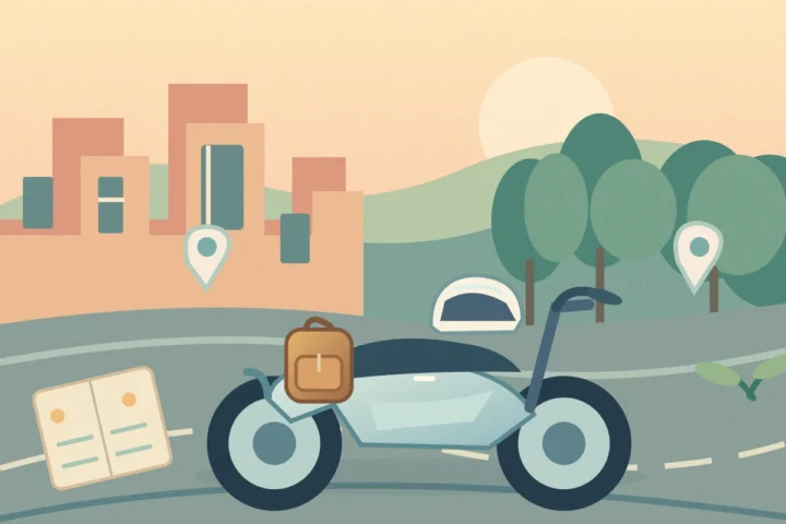 Original illustration of a scooter, helmet, travel backpack and route for a two-day Hanoi motorbike hire
