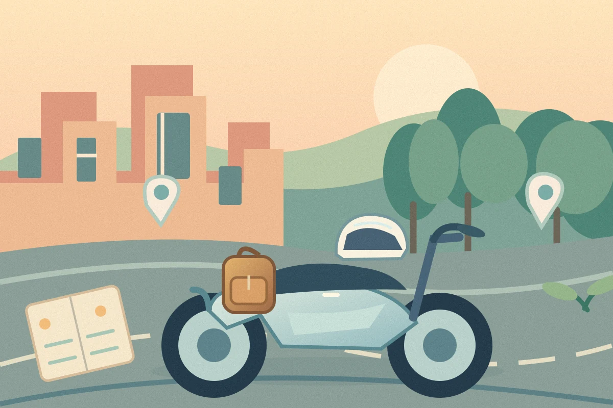 Original illustration of a scooter, helmet, travel backpack and route for a two-day Hanoi motorbike hire