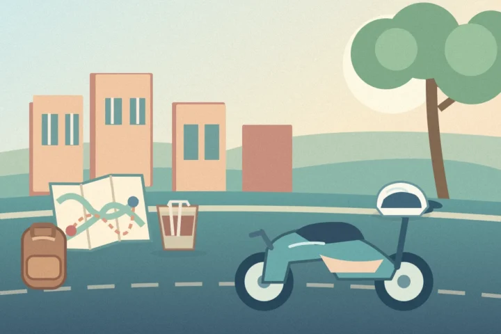 Original editorial illustration of a scooter, helmet, map and backpack for a three-day motorbike rental itinerary in Hanoi