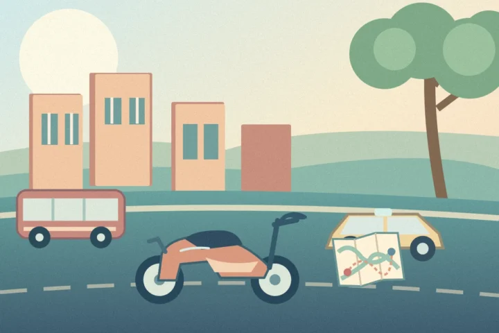 Original illustration comparing bus, taxi and rental scooter transport options for a three-day Hanoi visit