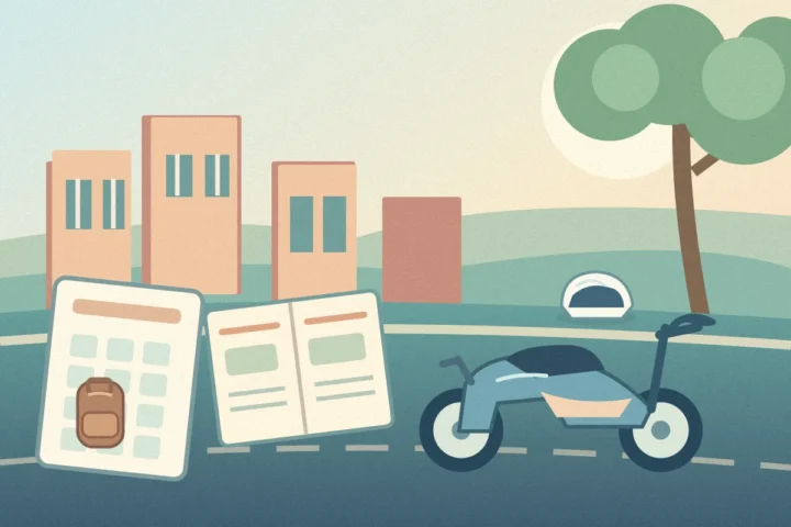 Original illustration of scooter, rental contract, monthly calendar and deposit planning for long-term motorbike rental in Hanoi