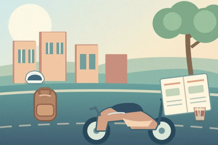 Original illustration of a scooter, commuter backpack and paperwork for choosing long-term motorbike rental in Hanoi